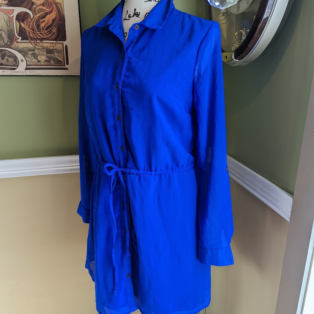 Blue Button-Front Midi Dress with Waist Tie